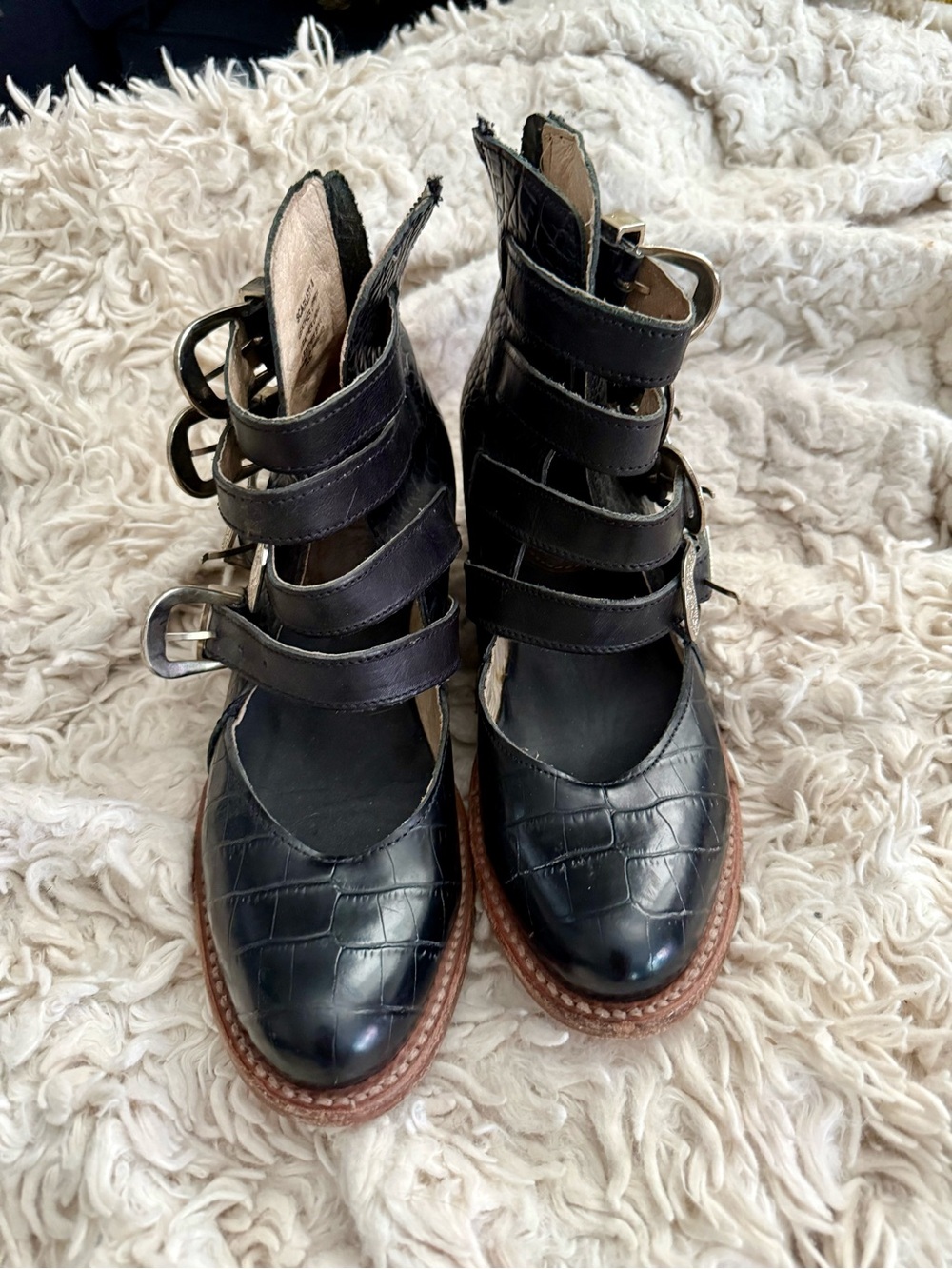 Freebird by Steven Black Croc-Embossed Lace-Up Buckle Boots